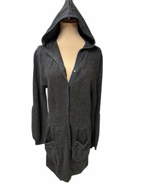 Gray Hooded Cardigan Longline Knit Sweater Cozy Lightweight Duster Open Front